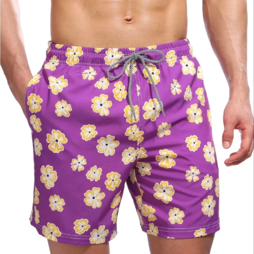 BIWISY PURPLE & YELLOW LINED FLORAL SWIM TRUNKS MENS SZ L